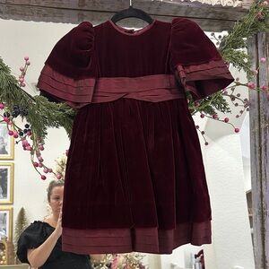 Silk Velvet and silk Organza Burgundy Holiday Dress with Puff Sleeves